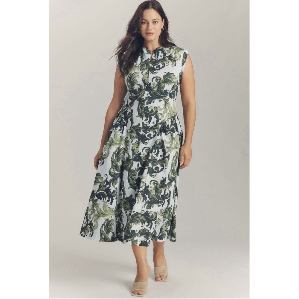 Maeve Cap Sleeve Drop Sleeve Waist Midi Dress Sz Lg Green